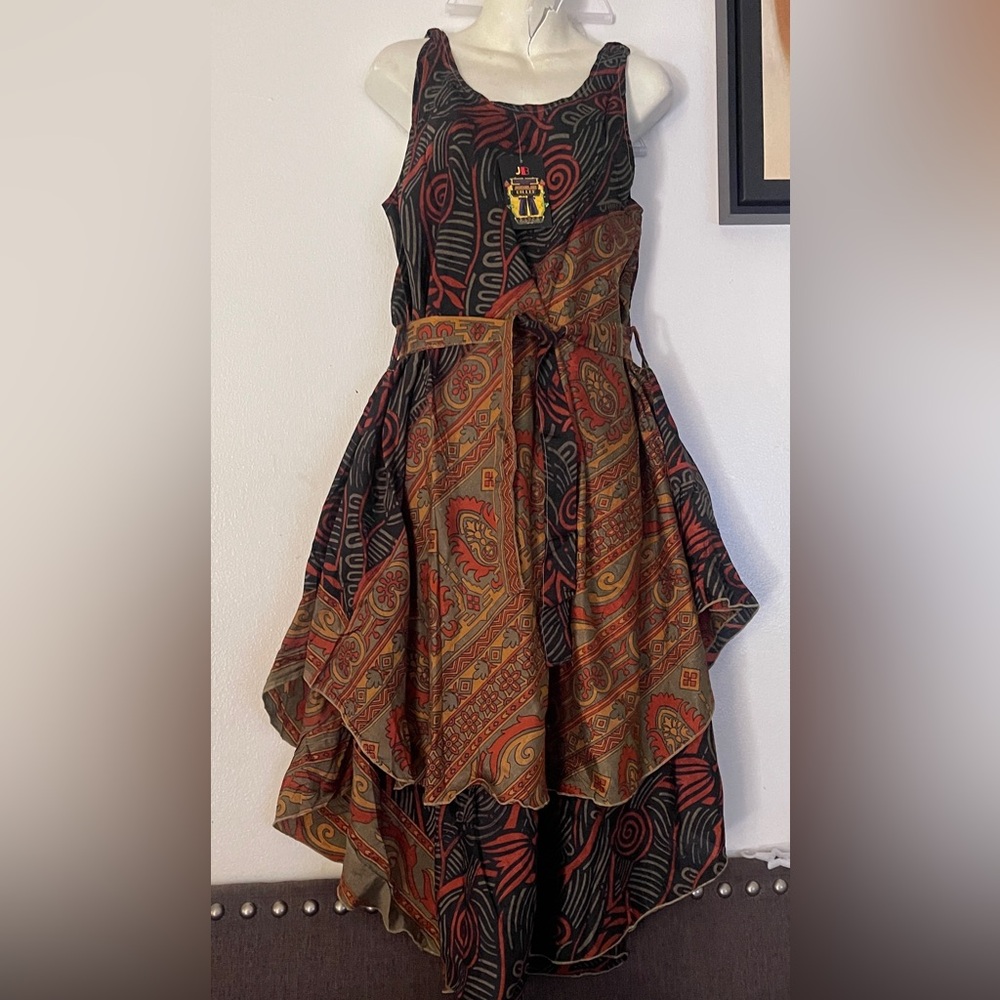 Bohemian Multicolor Sleeveless Double Layer Shift Dress with belt